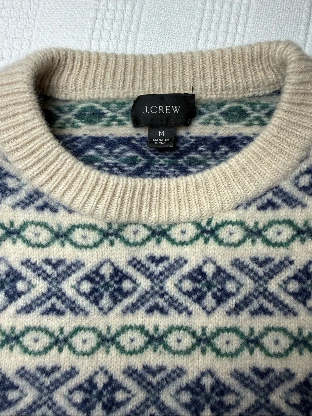 J.Crew Men's Fair Isle Lambswool Crewneck Sweater Sesame Blue Medium
